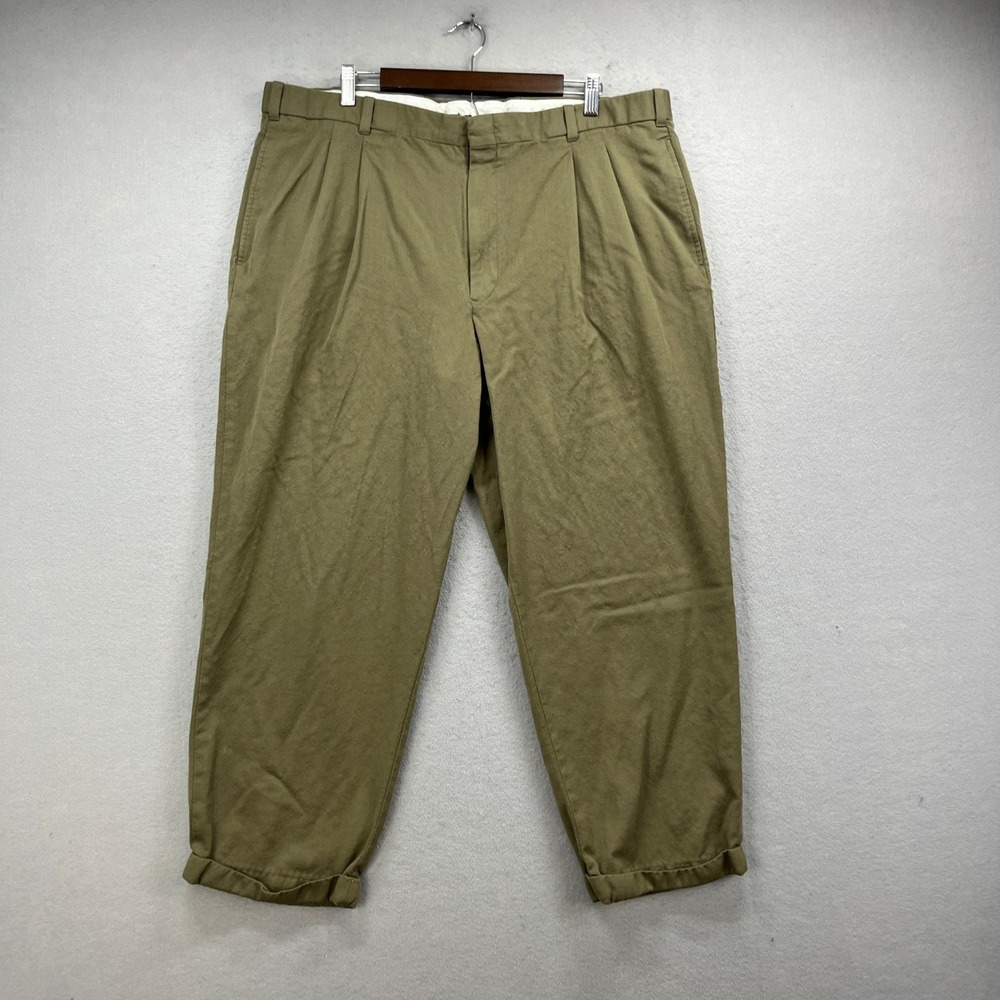 LL Bean Pleated Wool Trousers Mens 42x28 Green Khaki Cuffed Classic Preppy Y2K